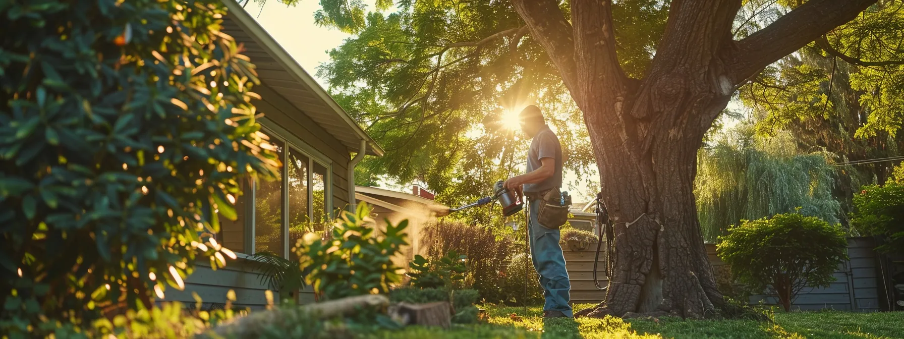 a certified arborist inspecting a tree in a residential property.