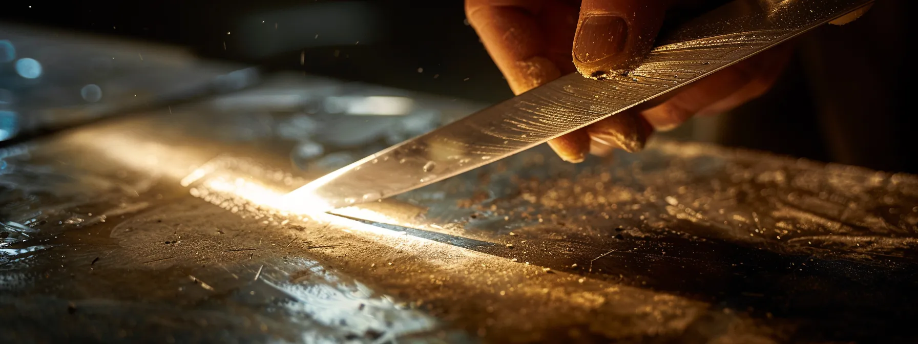 a close-up shot of a gleaming, razor-sharp knife being expertly honed on a whetstone by a skilled hand.