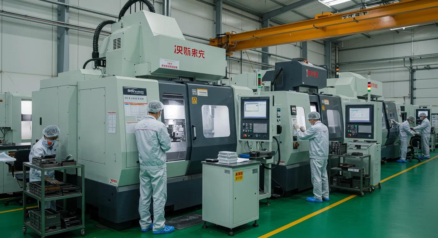 a sleek, modern cnc machining facility in china showcases advanced automated measurement technologies and skilled technicians meticulously conducting inspections amidst a backdrop of precision machinery and quality management displays.