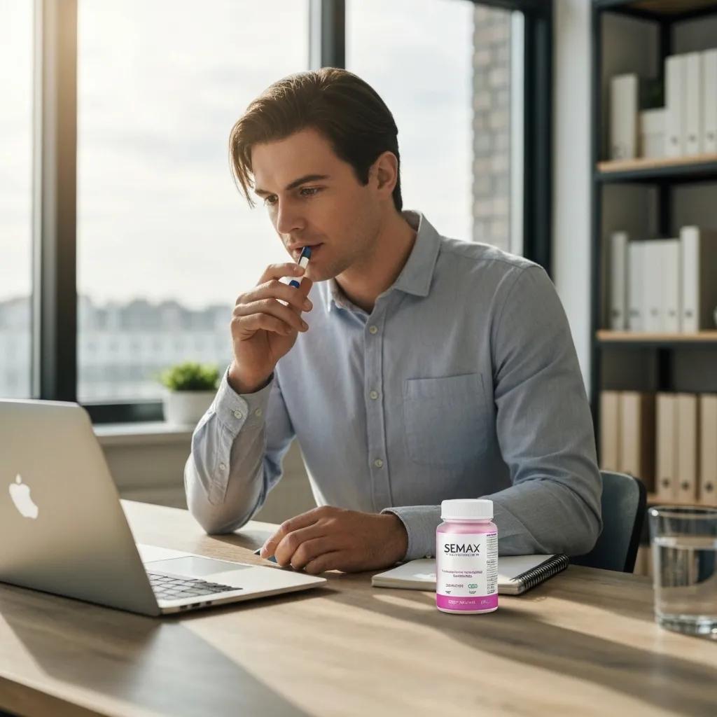 Person using Semax peptide in a modern workspace, emphasizing cognitive enhancement and productivity