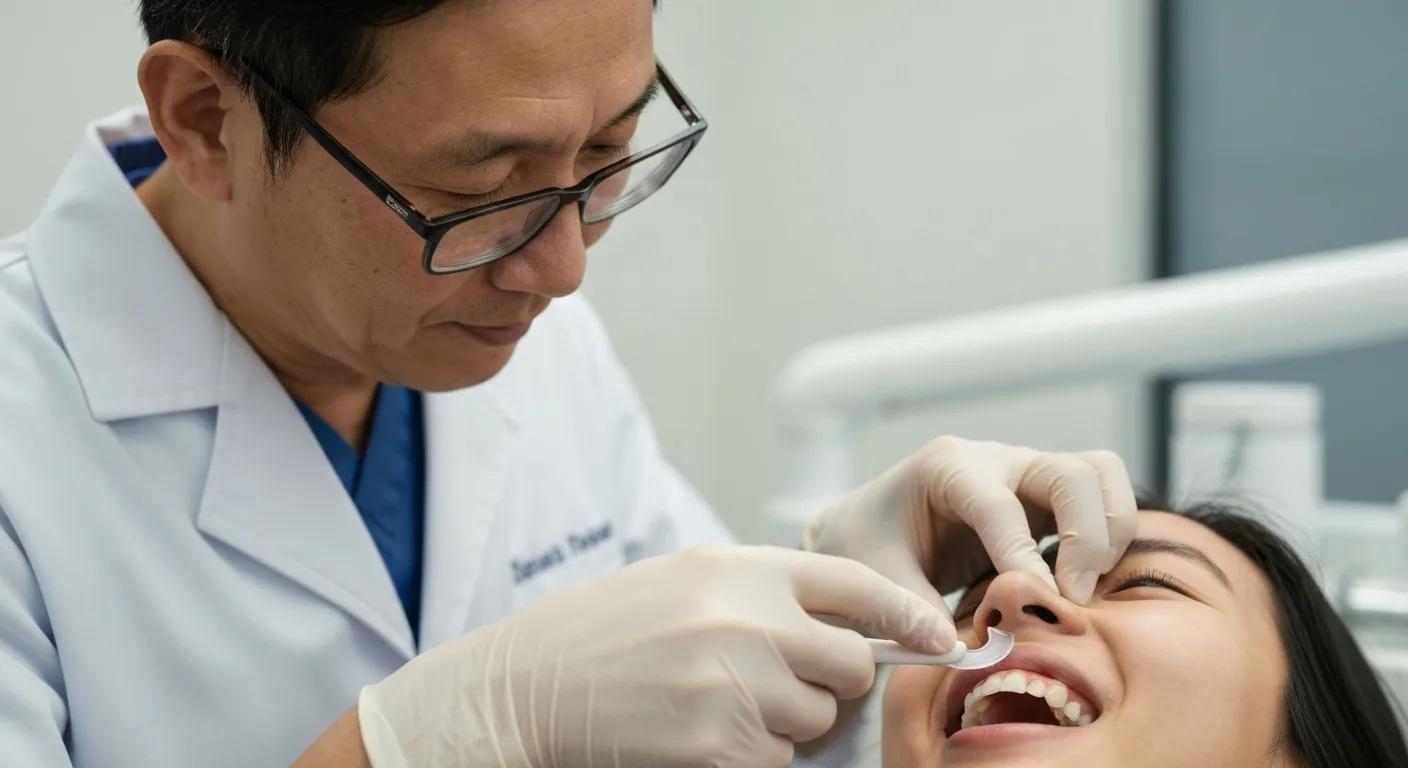 A dental professional meticulously placing a porcelain veneer to enhance a patient's smile