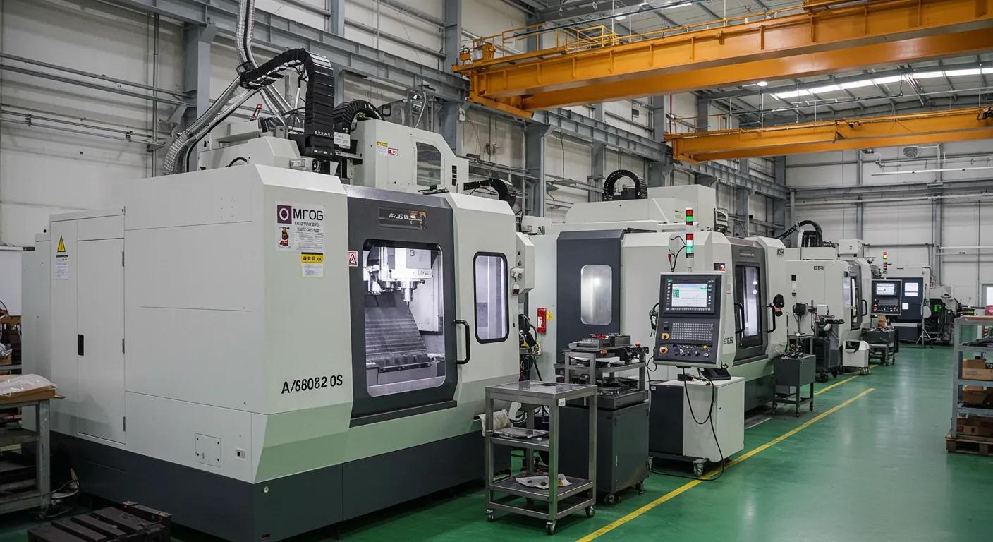 a sleek, high-tech cnc machining facility in china showcases advanced multi-axis machines and automated inspection systems, illuminated by bright industrial lighting, emphasizing their cutting-edge technology and precision in modern manufacturing.