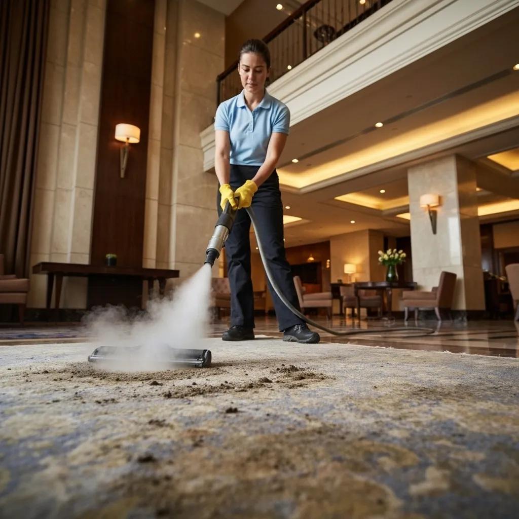 A professional carpet cleaner expertly using steam cleaning techniques to eliminate tough stains from a carpet