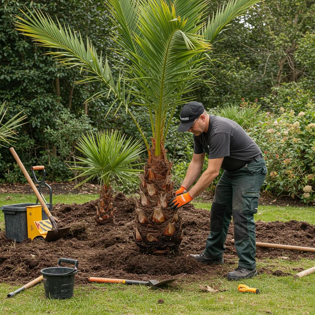 Professional landscaper installing a palm tree, highlighting the careful process of planting and soil preparation