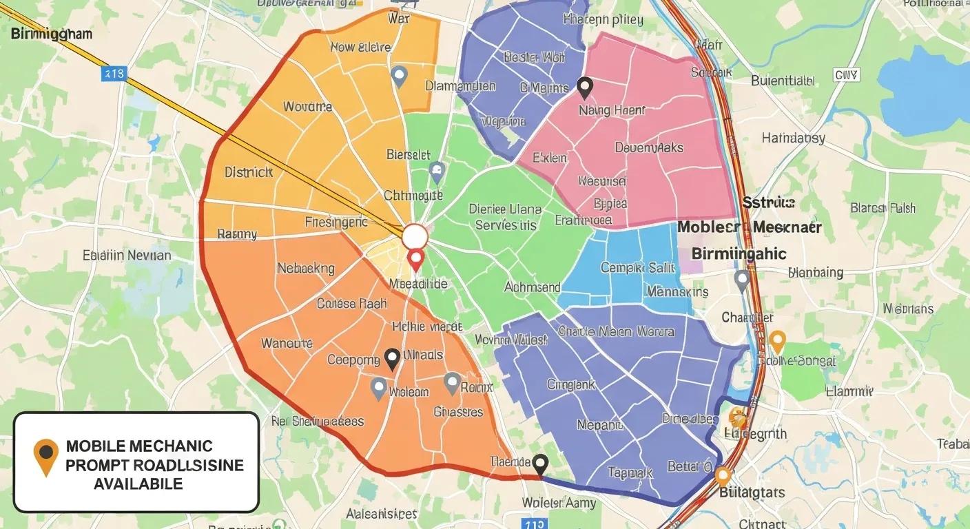 A map of Birmingham clearly indicating the areas covered by mobile car mechanics, demonstrating widespread service availability