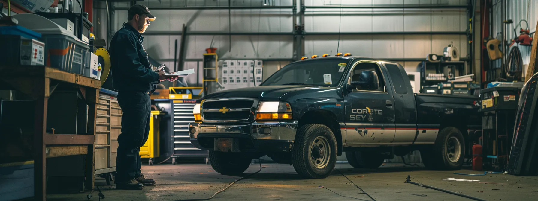 a mechanic meticulously documenting service and repairs on a well-maintained used truck, with a calendar showing scheduled maintenance and a stack of paperwork for warranty claims.