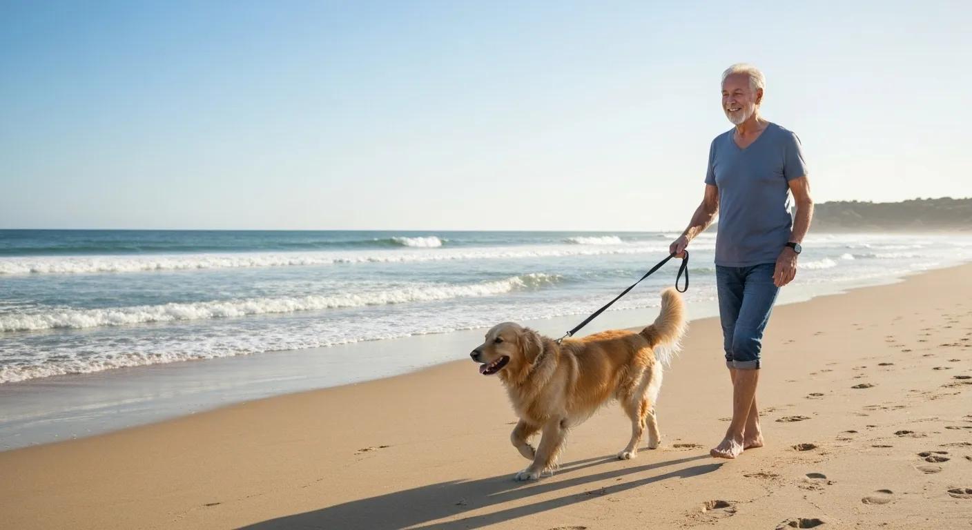 Older adult walking on a beach with a dog, representing improved bone health and vitality with MK-677