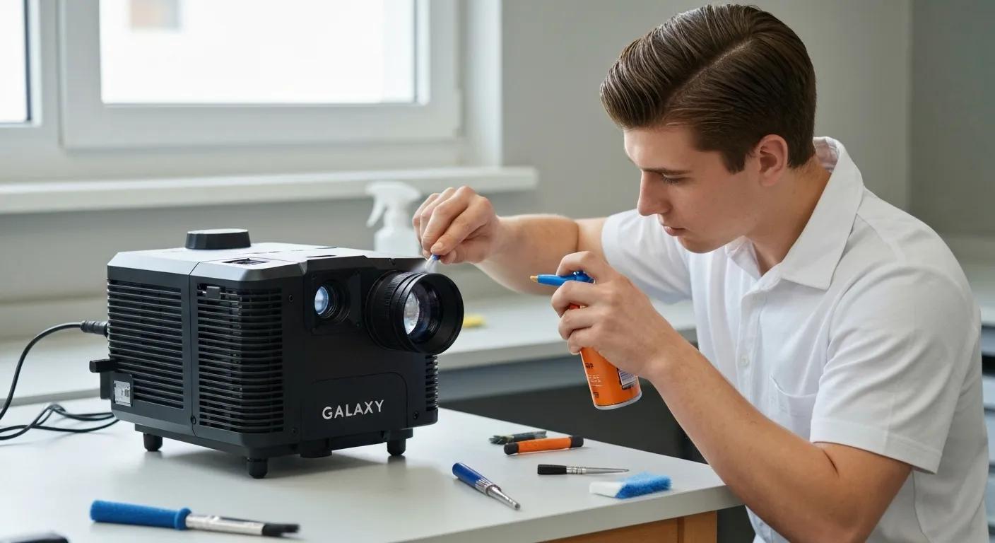 Close-up of a person carefully cleaning a galaxy projector, demonstrating proper maintenance techniques