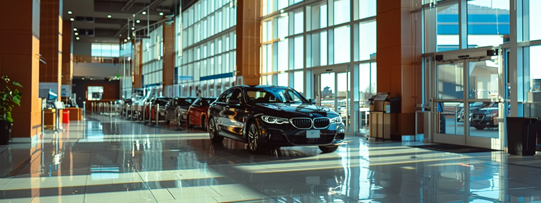 a gleaming bmw showroom adorned with luxurious vehicles and a service center bustling with technicians maintaining cars, highlighting the range of services offered at indianapolis bmw dealerships.