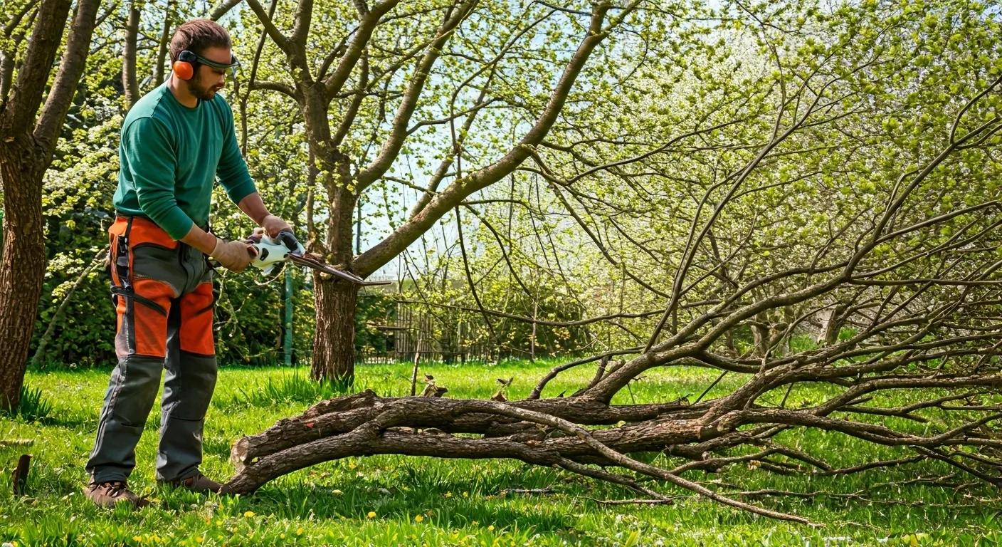 Arborist trimming trees in spring, focusing on shaping branches and promoting healthy growth