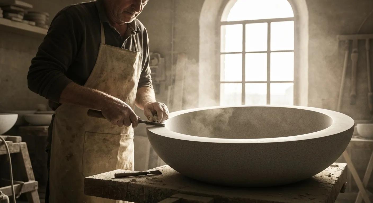 Artisan crafting a stone basin, highlighting the intricate details of handcrafted quality