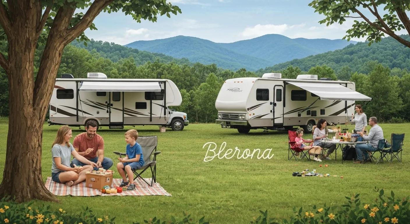 Family camping at an RV park in Verona, Virginia, with scenic Blue Ridge Mountains in the background