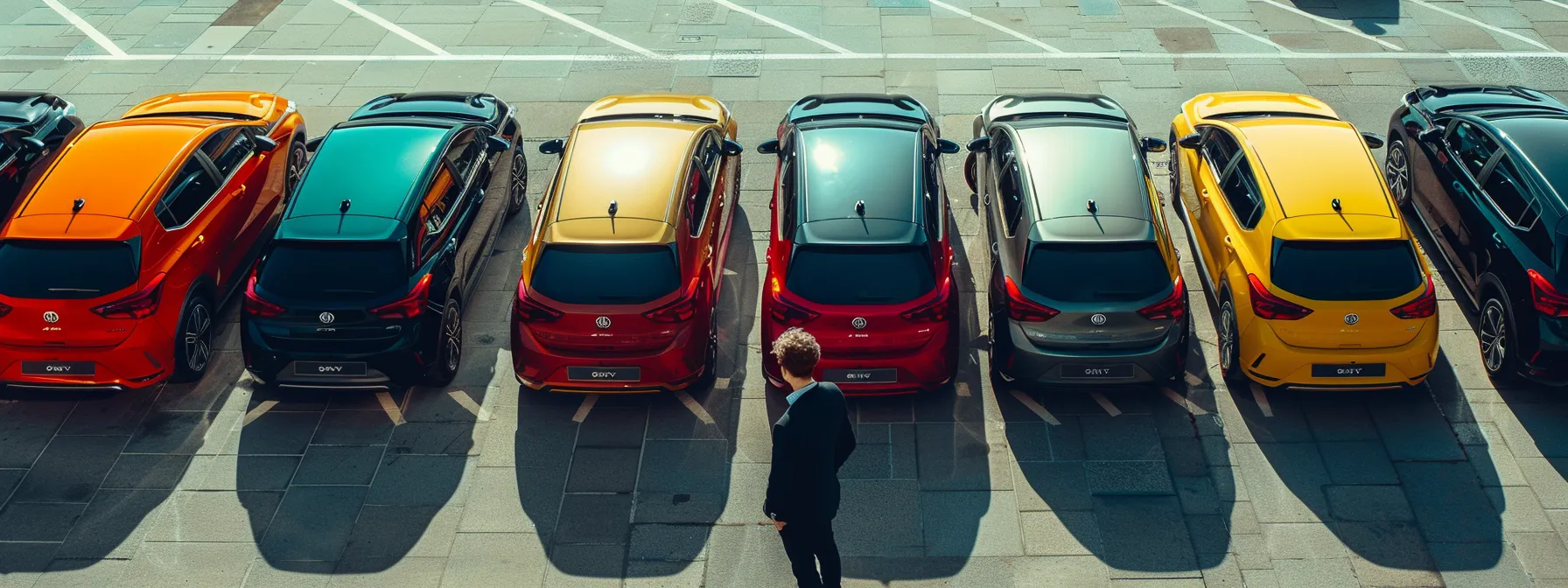 a person standing in front of a selection of used hatchback cars, carefully comparing their features and sizes.