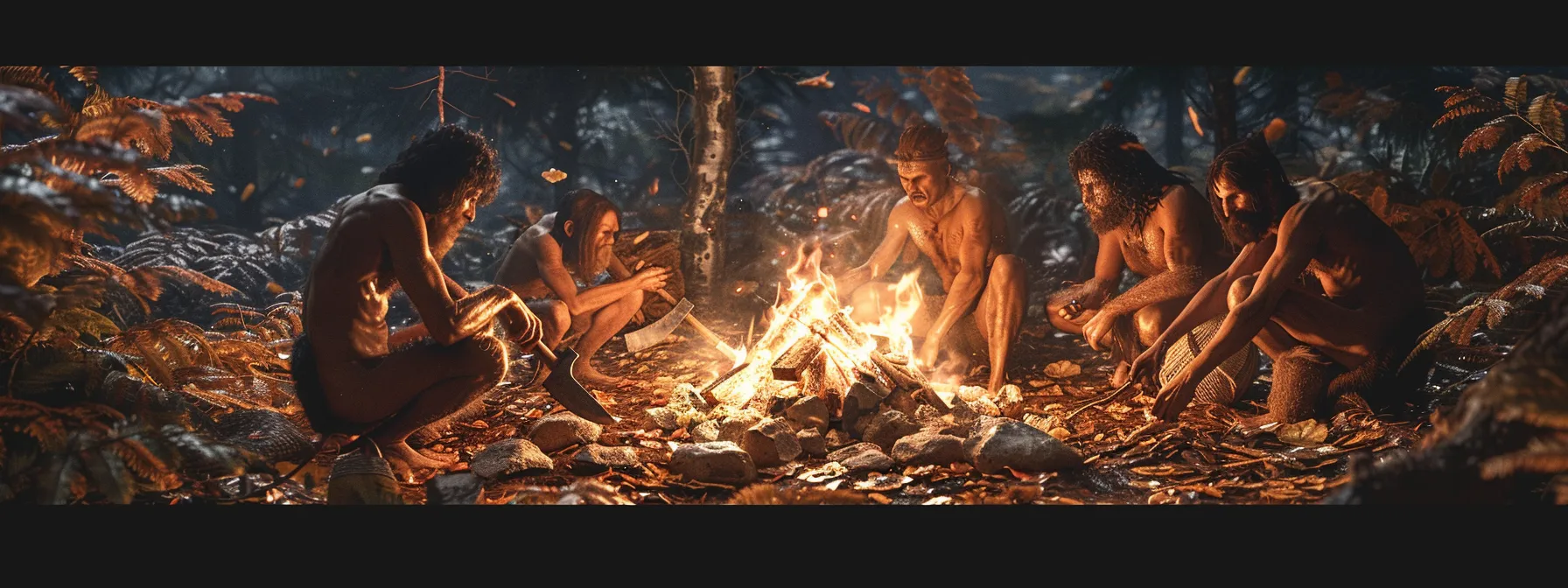 a group of early humans crafting stone axes around a crackling campfire, surrounded by pine boughs and fallen leaves.