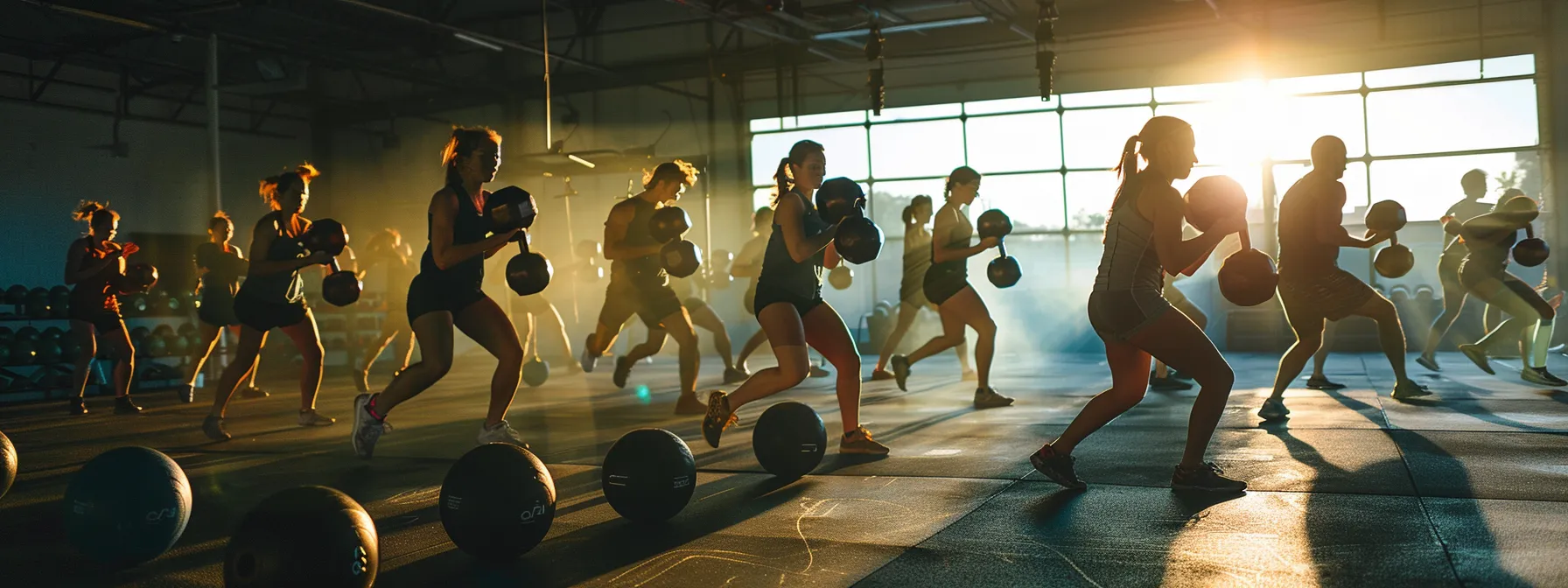 participants engaging in high-energy kettlebell swings and squats during a muscle madness group training session.