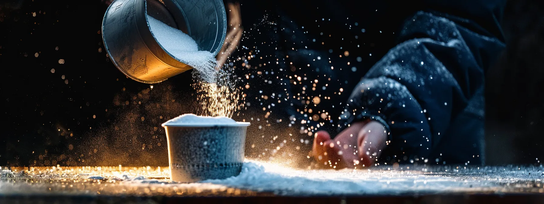 a person pouring sugar out of a cup into the trash.