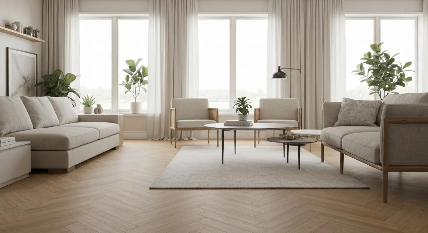 Modern living room featuring herringbone LVT and bamboo flooring, highlighting interior design trends inspired by social media