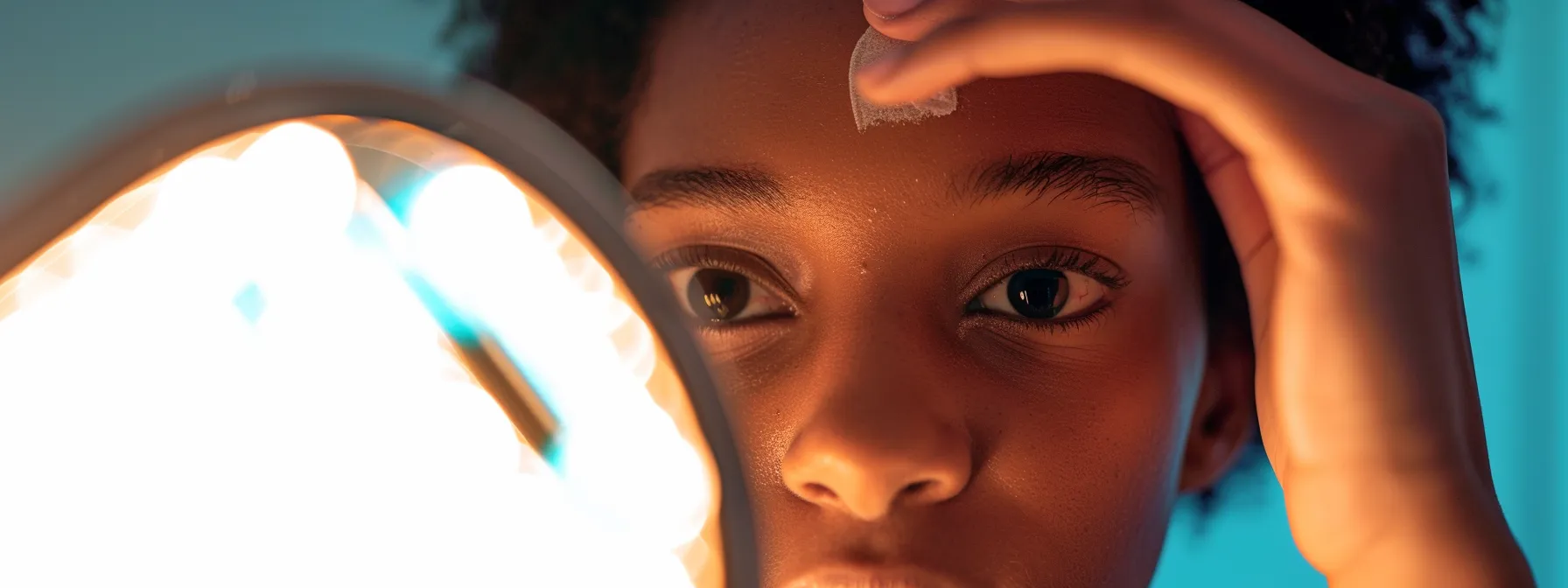 a person applying moisturizer under their eyes in front of a mirror.