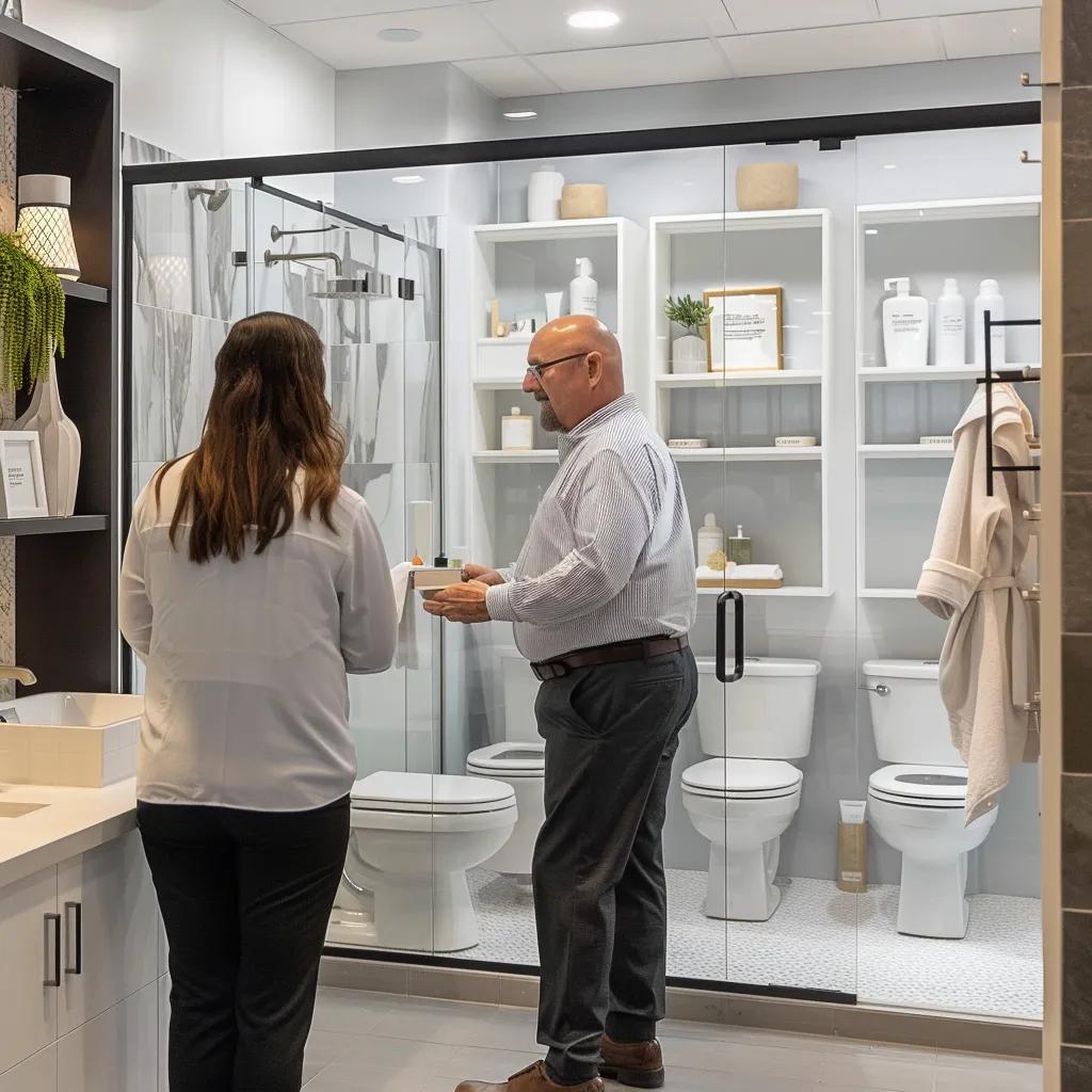 Customer exploring a bathroom showroom with a design specialist, showcasing various fixtures and tiles