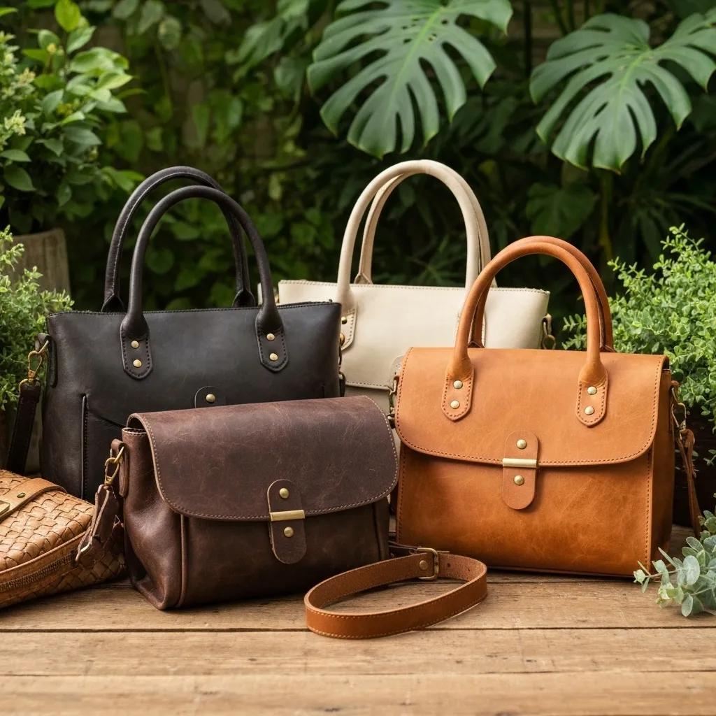 Eco-friendly leather handbags displayed on a wooden surface with greenery, highlighting sustainable fashion