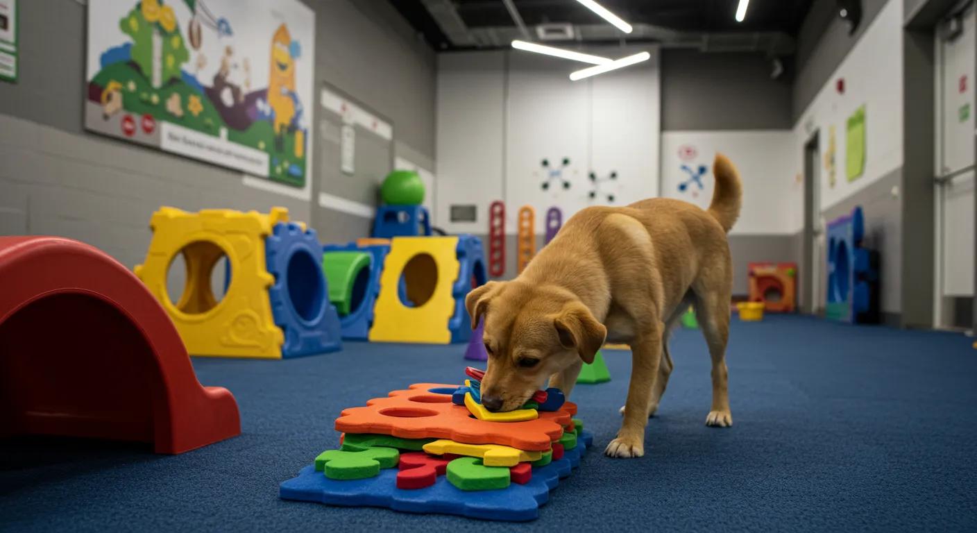 a focused scene inside a modern, vibrant dog training facility showcases an engaged dog intently solving a colorful puzzle toy, surrounded by an array of interactive play equipment that emphasizes mental stimulation and physical activity. a focused scene inside a modern, vibrant dog training facility showcases an engaged dog intently solving a colorful puzzle toy, surrounded by an array of interactive play equipment that emphasizes mental stimulation and physical activity.
