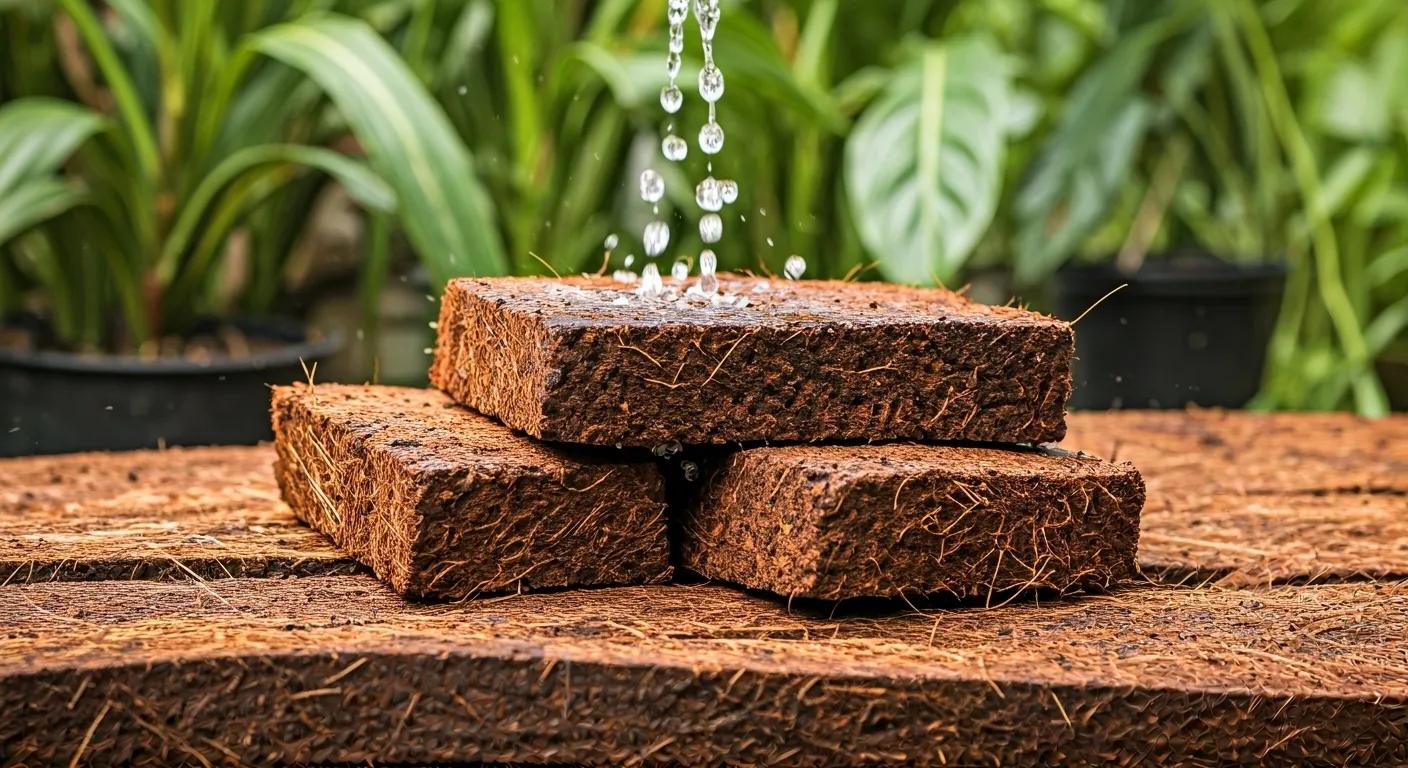 Hydrating coco coir bricks in a garden, illustrating the sustainable gardening process