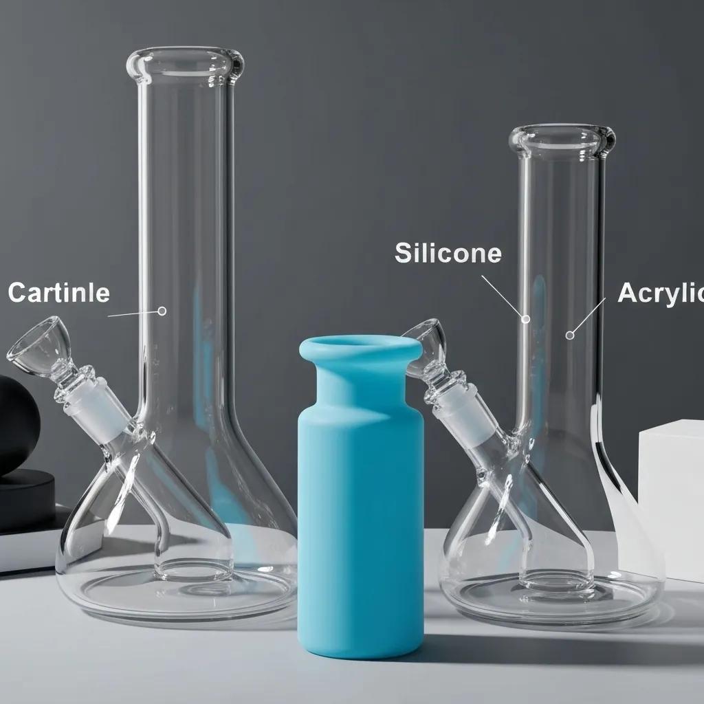 A close-up view of glass, silicone, and acrylic bongs, highlighting their materials and textures