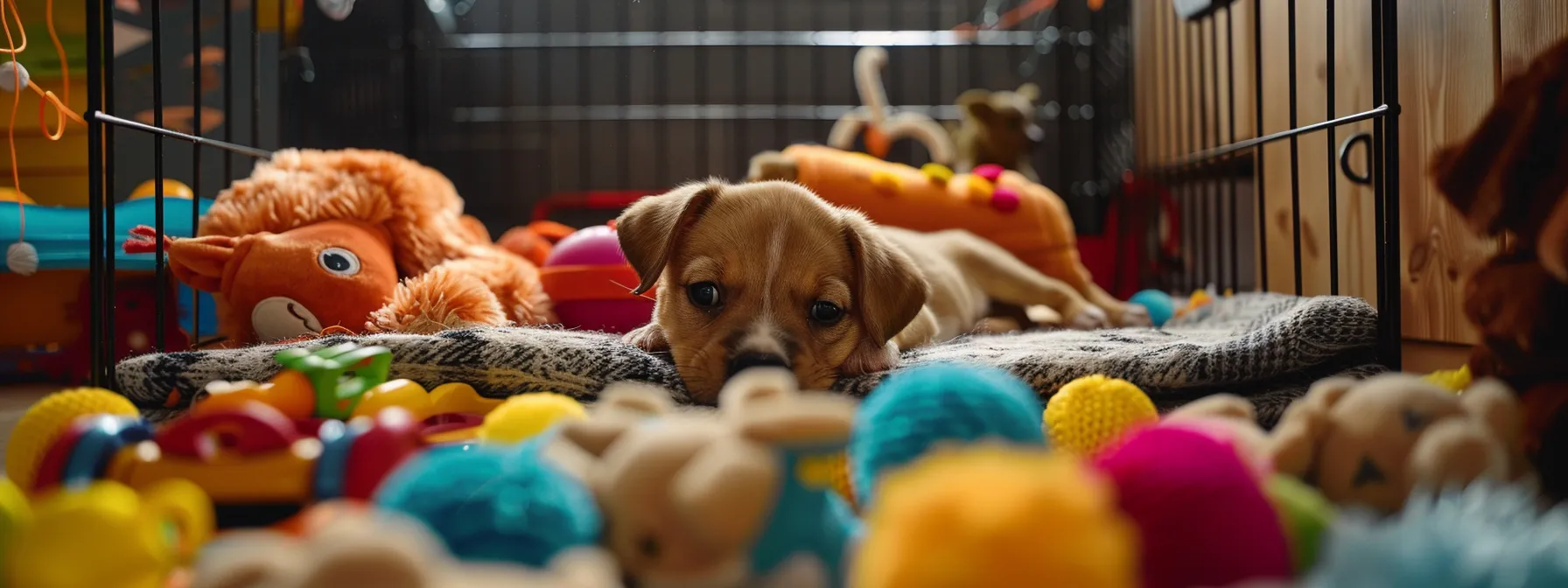 a cozy puppy crate surrounded by colorful toys and a soft blanket.