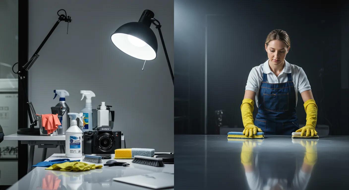 a sleek, modern office space showcases a split-screen comparison: one side highlights a tidy diy cleaning setup with tools and products neatly arranged, while the other side features a professional cleaner in action, demonstrating thorough techniques on a gleaming surface, illuminated by bright, focused lighting for clarity and impact.
