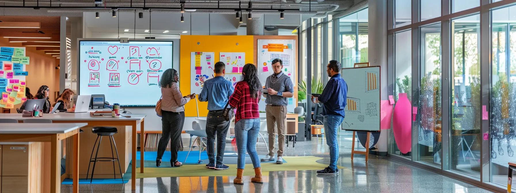 a team of content creators brainstorming ideas in a modern, open-concept office space filled with colorful whiteboards and inspirational quotes.