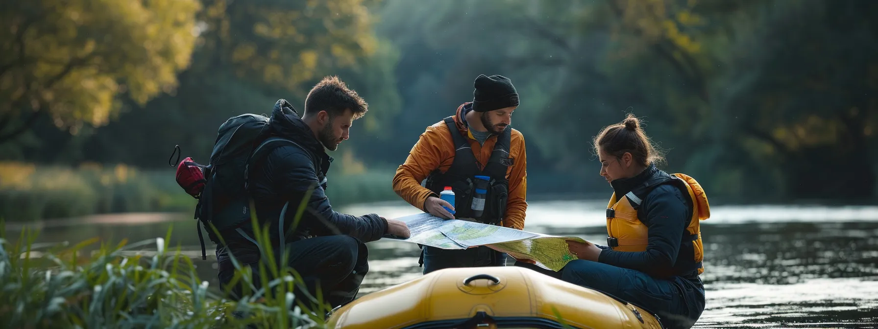 a group of people studying a map and discussing while standing next to a raft by the river.