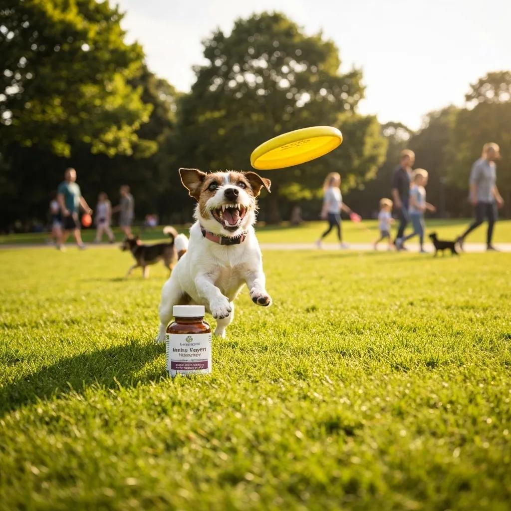 Active dog in a park with immune support supplements nearby
