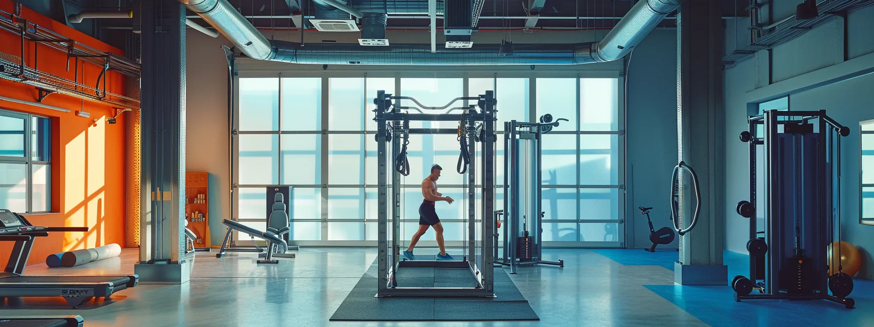 a person working out in a unique, non-traditional space using innovative fitness equipment.