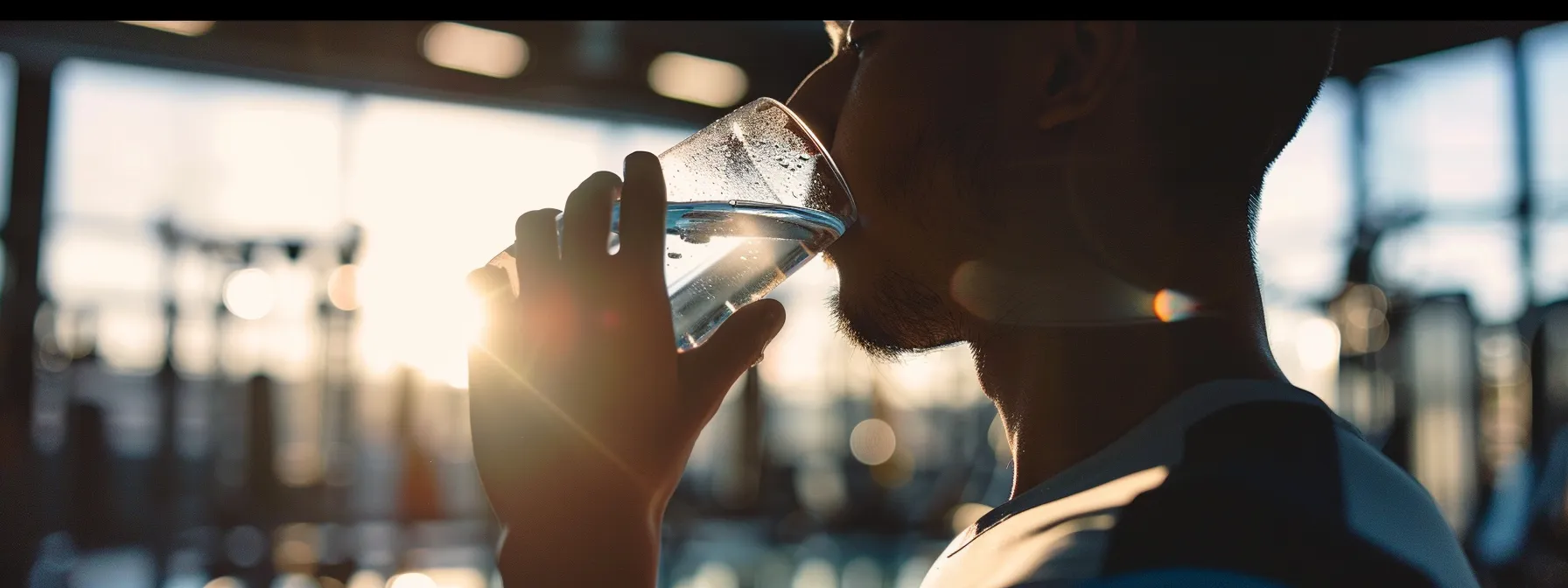 a person drinking a glass of water after a workout, with a gym in the background.