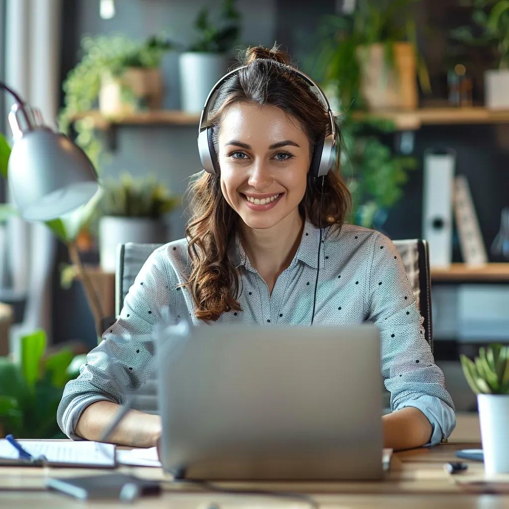 Virtual assistant engaged in a video call, representing remote work and client interaction
