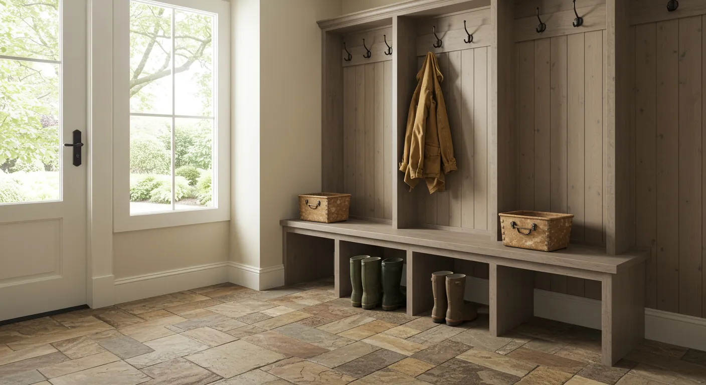 Entryway or mudroom with durable flooring built for mess and moisture Entryway or mudroom with durable flooring built for mess and moisture