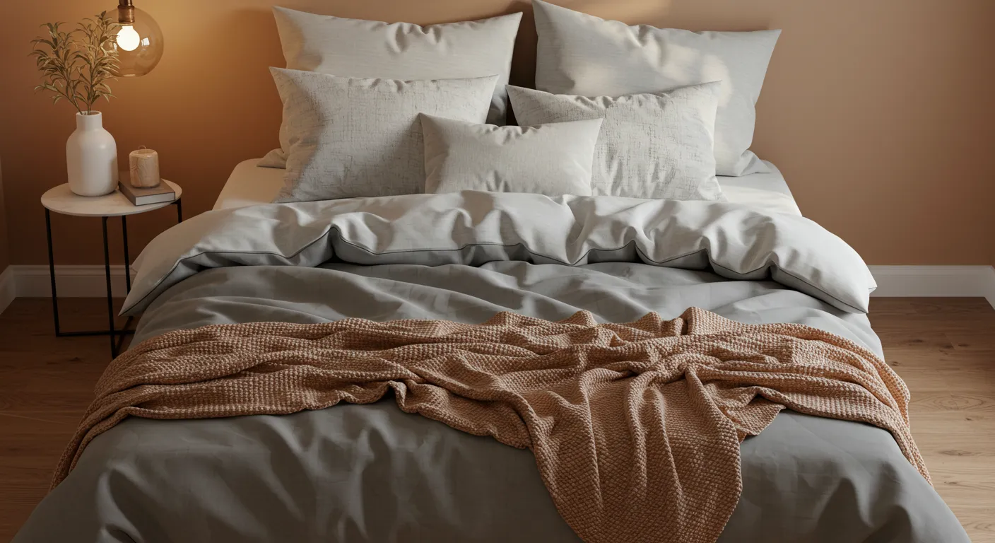 Overhead view of a neatly arranged bed with soft bedding and pillows Overhead view of a neatly arranged bed with soft bedding and pillows