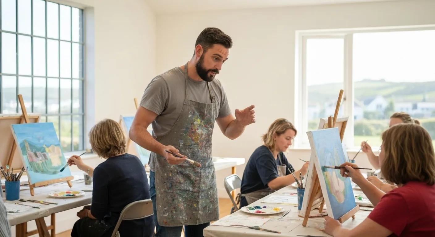 An instructor passionately demonstrating painting techniques during a workshop at Creative Art School Padstow, highlighting immersive learning and creative expression