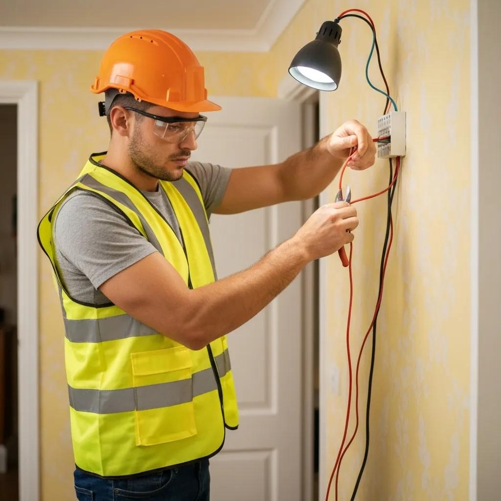 A professional emergency electrician in Birmingham diligently working on electrical wiring in a home, highlighting swift and expert service.