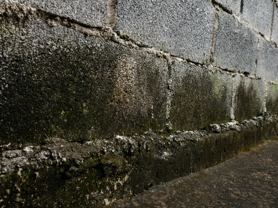 Illustration of water runoff near a building foundation, showing potential water damage