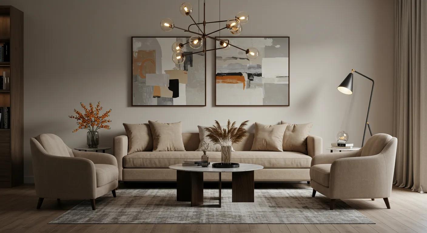 a stylish urban living space showcases an elegant arrangement of custom furniture with modern minimalism and traditional craftsmanship, featuring clean lines and a sophisticated color palette that epitomizes johns creek's upscale aesthetics.
