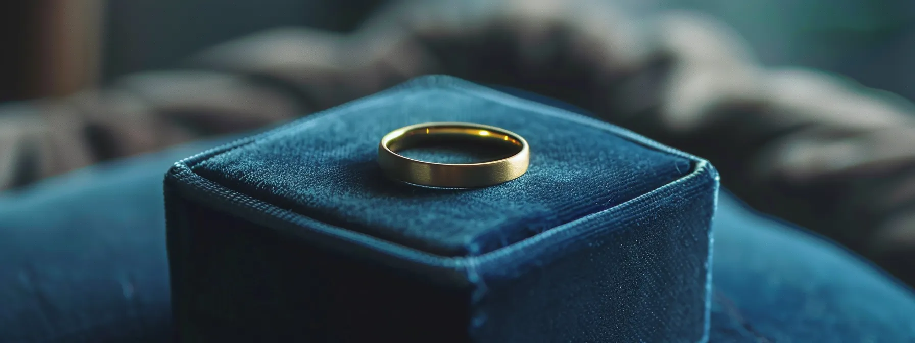 a simple, sleek gold wedding band resting on a velvet box.