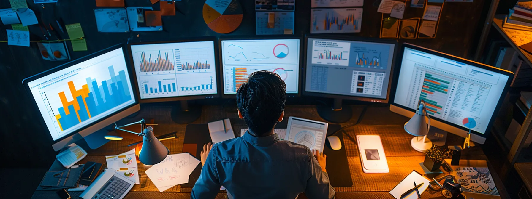 a person surrounded by various screens, charts, and graphs, illustrating the comprehensive approach to holistic seo strategy through content creation and optimization.