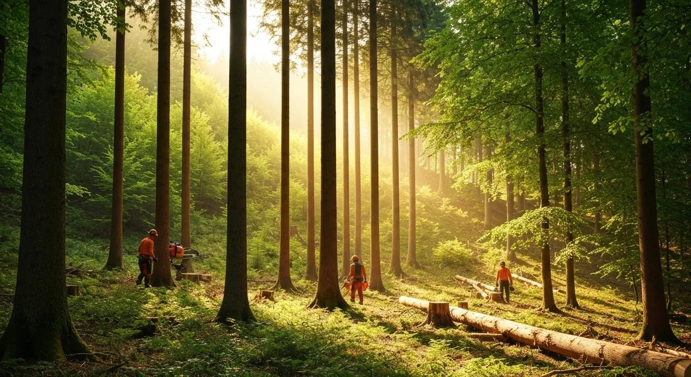A serene forest scene illustrating sustainable timber harvesting, highlighting responsible forestry and eco-friendly practices