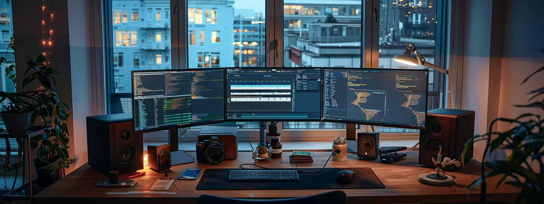 a clean and organized workspace with dual monitors for efficient workflow.