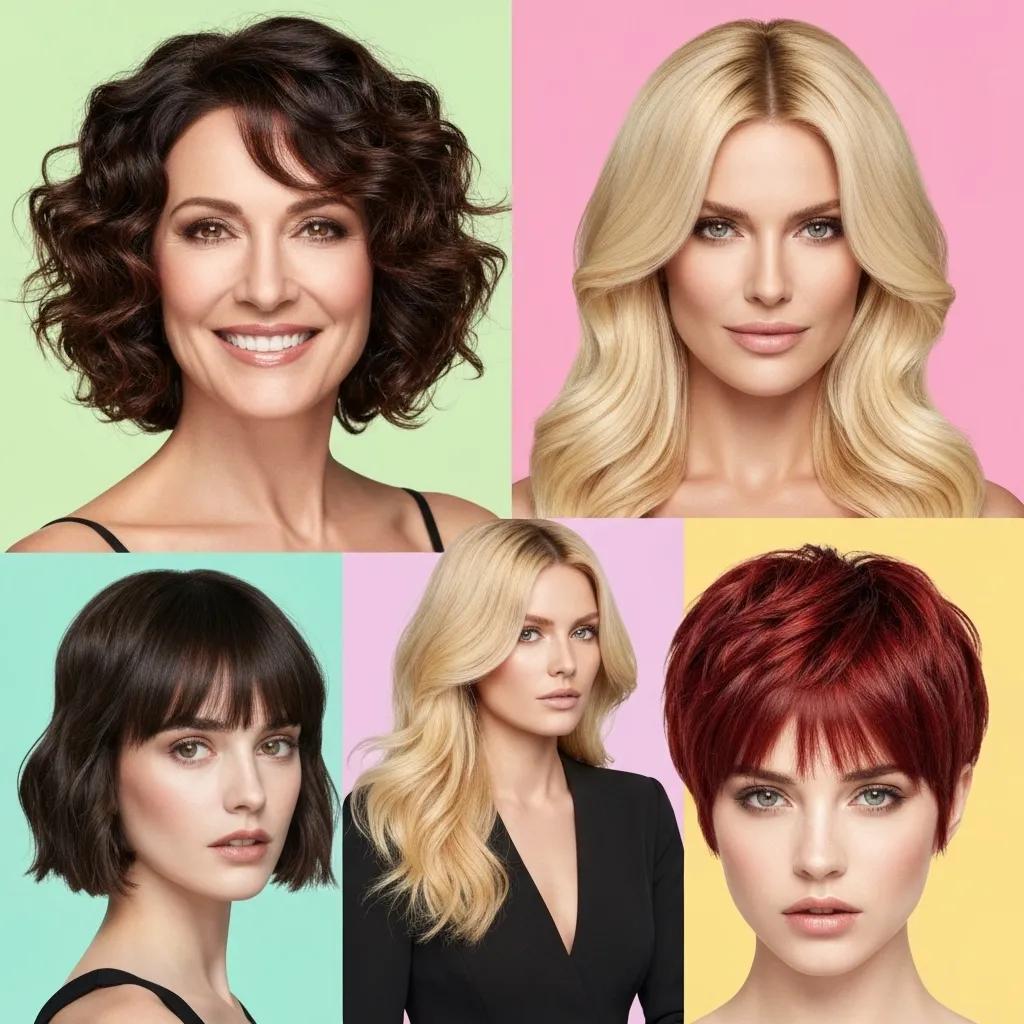 Collage of popular women's haircut styles including bob, layered cut, pixie, and fringe