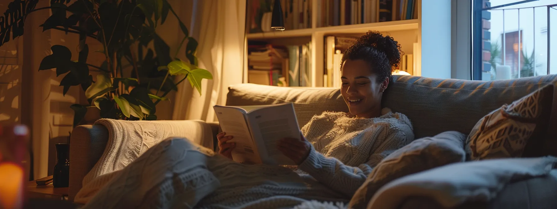 a person sitting on a cozy couch in a living room, smiling and looking relaxed while reading a renters insurance policy from benavides insurance.