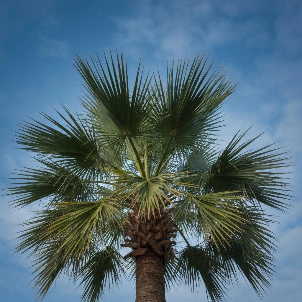 Cold hardy palm trees including Texas Sabal Palm against a clear blue sky in a coastal setting