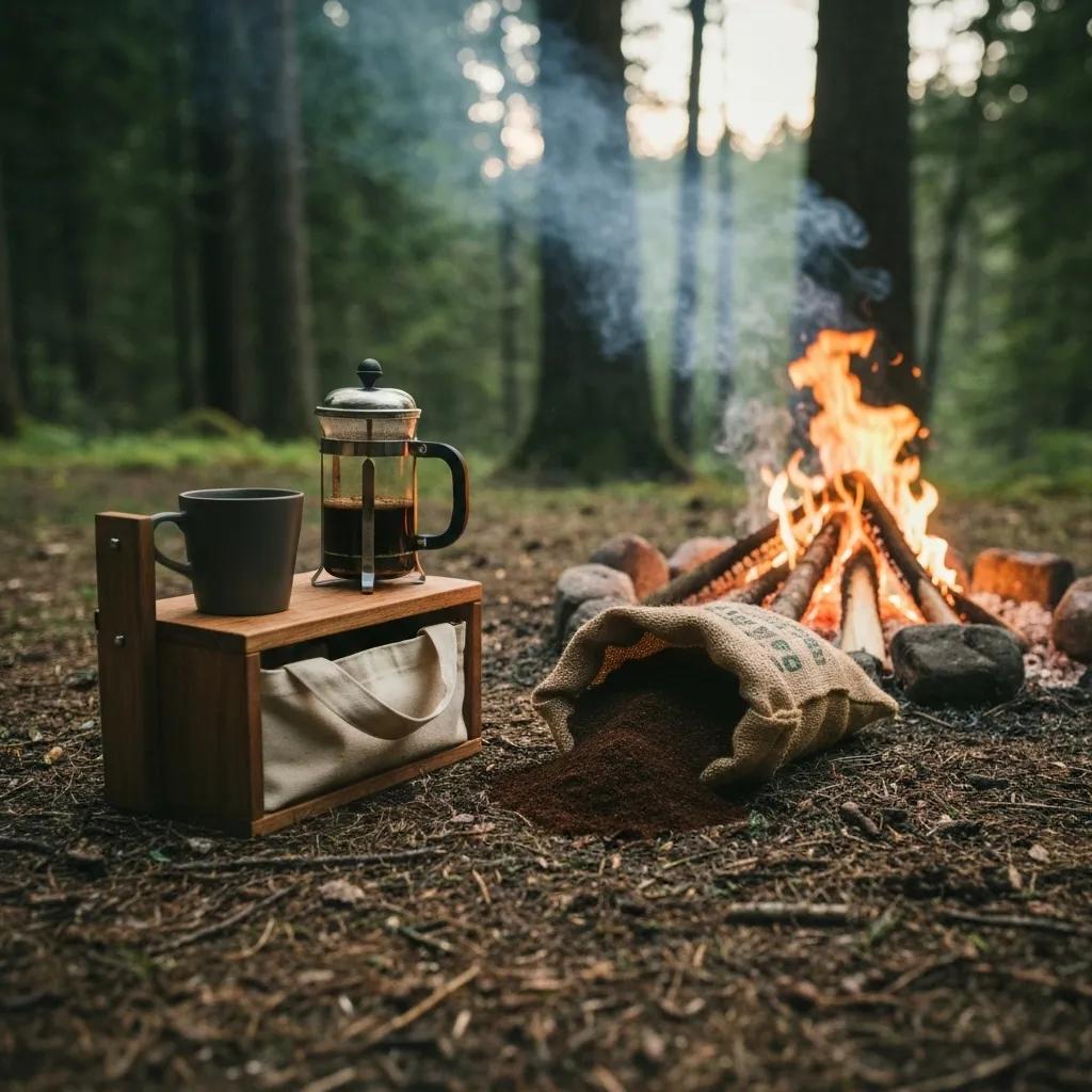 A portable coffee brewing station in a forest setting, highlighting outdoor brewing tips for adventurers.