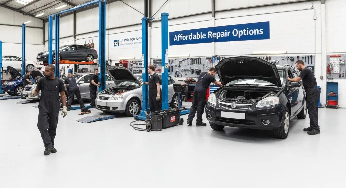 Busy Birmingham car repair shop with mechanics servicing various vehicles, showcasing affordable repair options